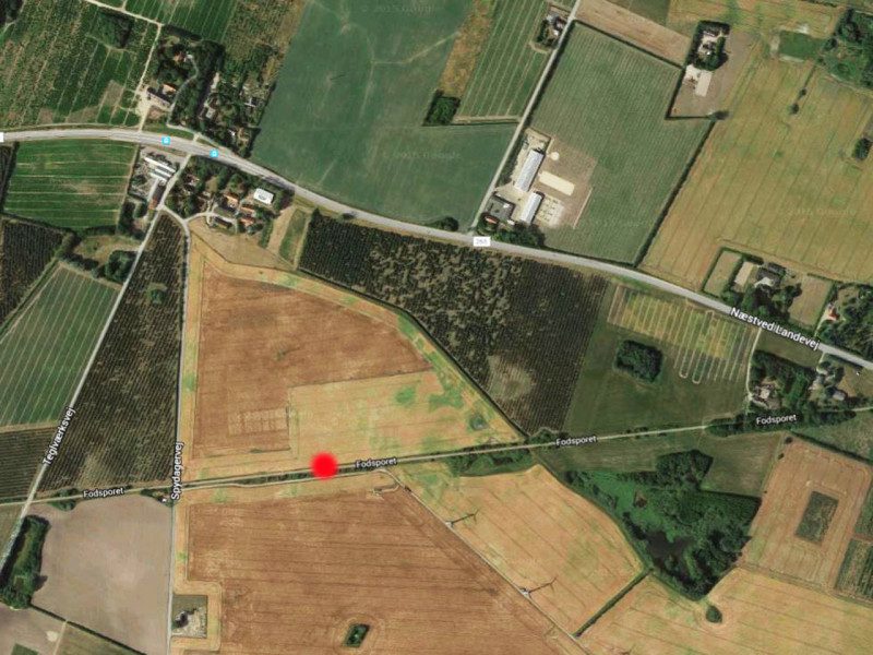 Det var ved den røde prik på Fodsporet i Skælskør, at voldtægten af den 13-årig pige skulle have fundet sted. Illustration - Google Maps.